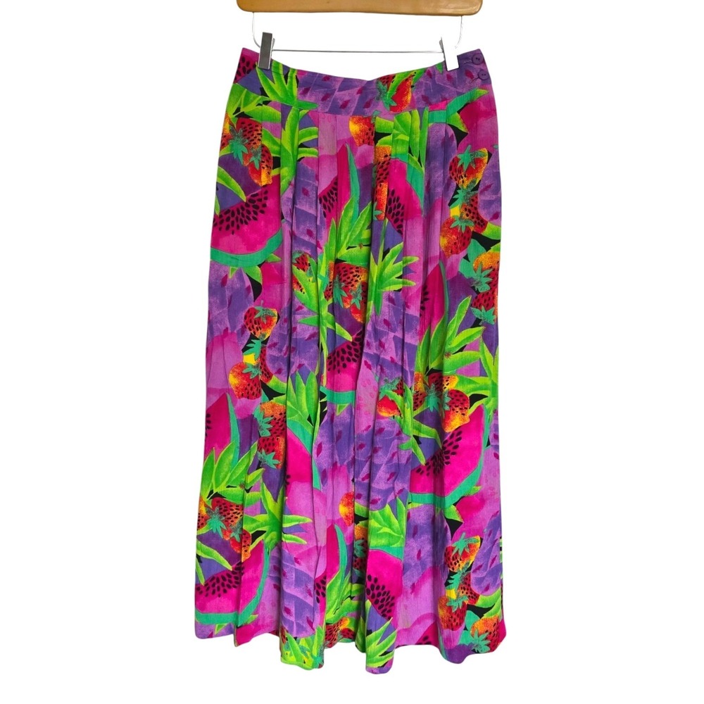 Vintage Mister Leonard Neon Fruit Print Pleated Rayon Midi Skirt 28 Waist Small